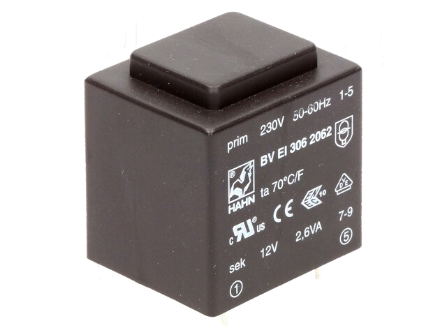 Transformator: ingegoten; 2,6VA; 230VAC; 12V; 217mA; PCB; BVEI Transformator: ingegoten; 2,6VA; 230VAC; 12V; 217mA; PCB; BVEI